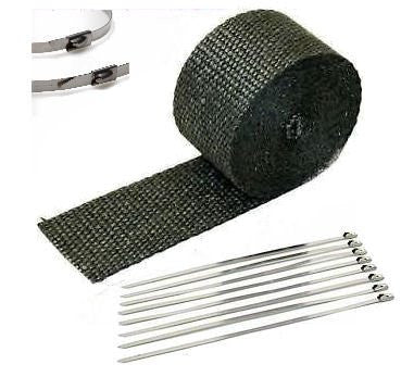 1" X 25' Black Heat Wrap / Stainless Cable Zip Tie Straps For Exhaust Heavy